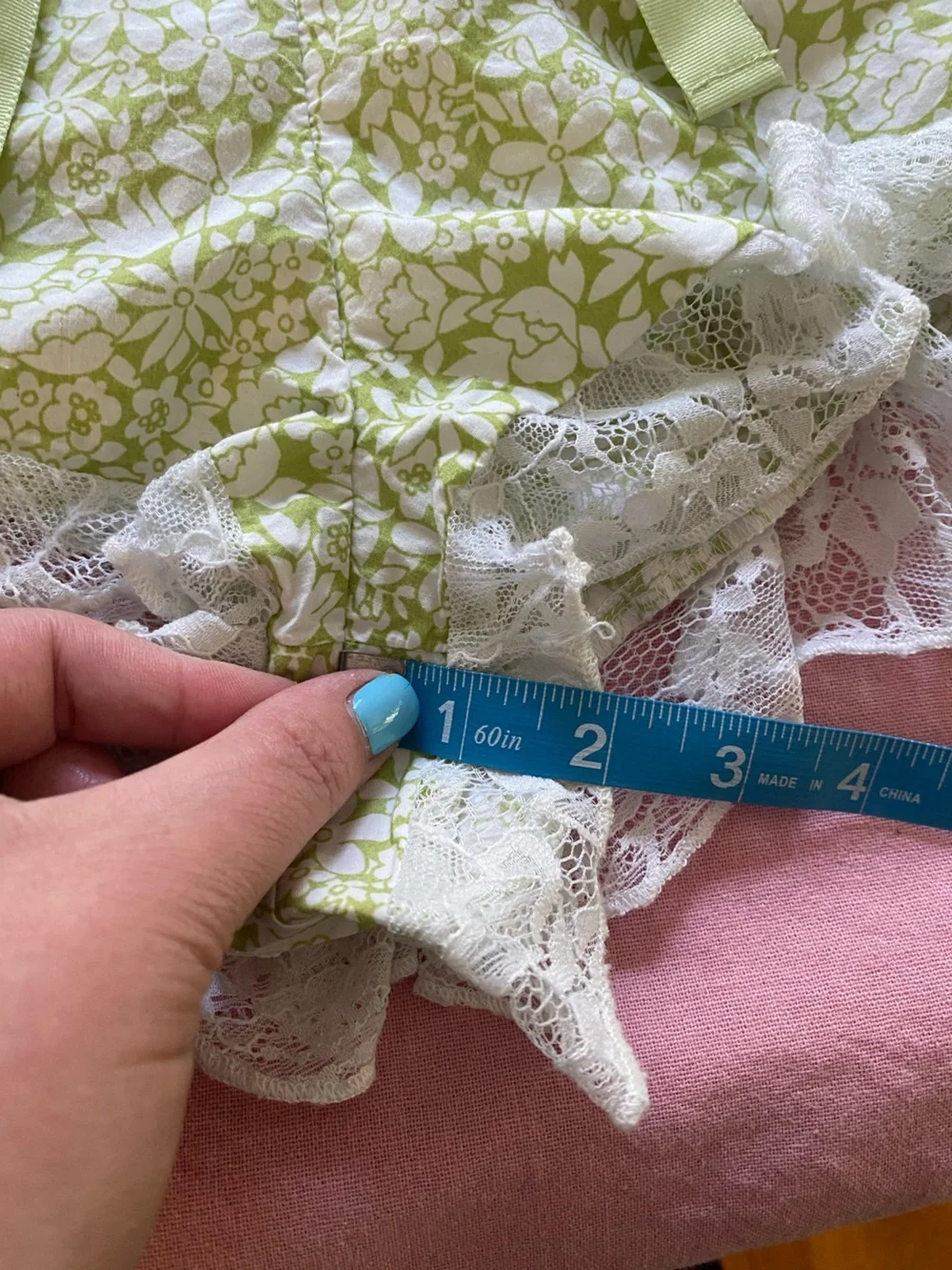 Anthropologie Green White Floral Print Lace Trim Pajama Shorts Small